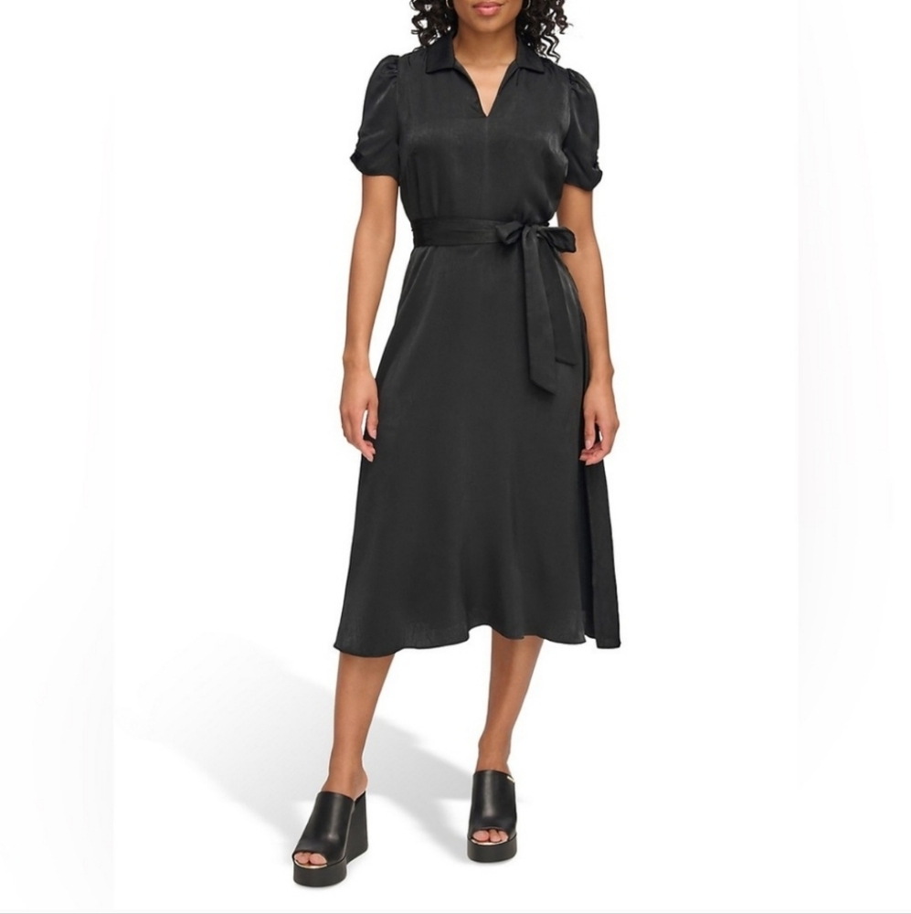 DKNY Black Collared Satin Midi Dress